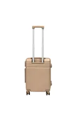 Valija carry on color beige con diseño de líneas verticales en relieve, ruedas multidireccionales y manija telescópica ajustable.
