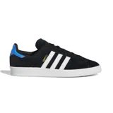 Championes adidas Campus ADV de gamuza negra con las icónicas tres rayas laterales en blanco y detalle en azul brillante en el talón. Presenta suela de goma blanca y el nombre del modelo en dorado en el lateral.