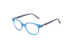 Armazón de acetato color celeste con detalles en violeta y flores estampadas en las patillas.