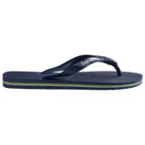 Ojotas Havaianas modelo Brasil Logo, color blanco, con tiras blancas y logo de la marca en relieve azul con la bandera de Brasil.
