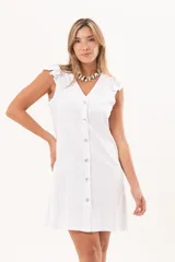 Vestido corto blanco con escote en V, cierre frontal abotonado y mangas cortas con detalles de volados. Confeccionado en mezcla de lino y viscosa.