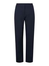 Pantalón de tiro medio color azul marino, de corte recto y largo al tobillo, con trabillas para cinto.
