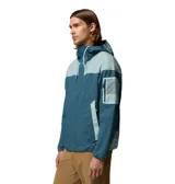 Campera cortaviento Columbia Challenger II Omni-Shield de diseño bicolor en tonos azul y celeste, con capucha con cordón de ajuste, cierre medio con solapa, bolsillo en la manga con cierre y malla, y logo bordado en el pecho.