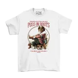 Remera blanca de algodón con estampado frontal del personaje Gato con Botas, con diseño de estilo vintage y texto alusivo.