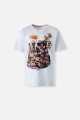 Remera blanca de algodón con estampado de Deadpool y otros personajes de Marvel.