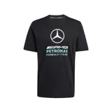 Remera negra Adidas de manga corta con cuello redondo, con el logo de Mercedes-Benz y los emblemas de AMG Petronas Formula 1 Team estampados en el frente.
