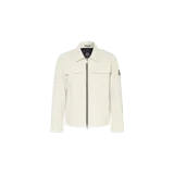 Campera tipo overshirt Moose Knuckles modelo Jacques, color blanco crema, con cuello camisero, cierre frontal de cremallera metálica de doble sentido, bolsillos frontales con solapa en el pecho y aplique de logo en la manga.