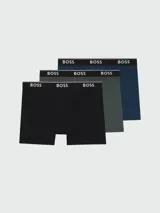 Pack de tres bóxers ajustados de algodón, color negro, con cintura elástica en contraste color azul petróleo y logo de la marca estampado en blanco.