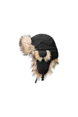 Gorro de aviador negro con orejeras y ribete de piel sintética color beige. Cierre con hebilla debajo de la barbilla.