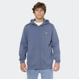Campera canguro de felpa azul con capucha ajustable, cierre frontal completo y bolsillos tipo kiko. Presenta un parche estilo vintage en el pecho.