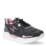 Championes deportivos de mujer con diseño de malla en tonos gris y negro, detalles en rosado y suela blanca con relieve.