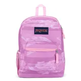 Mochila Jansport Cross Town color lila con estampado de flores y rayas horizontales. Tiene un compartimento principal grande, un bolsillo frontal con organizador interno, un bolsillo lateral para botella de agua, panel trasero acolchado y correas de hombro acolchadas.