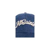 Gorra de béisbol de denim azul con bordado frontal en relieve con la inscripción "AllSaints" en color beige.