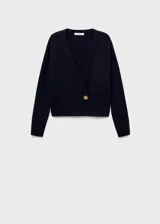 Cardigan de punto azul marino, con diseño cruzado, escote en V y cierre de un botón dorado en el lateral. Mangas largas abullonadas en los hombros.