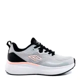 Championes Umbro Stics para mujer, color gris con detalles en negro y rosa, diseñados para running y entrenamiento.