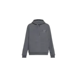 Hoodie Allsaints modelo Redact de color gris oscuro, con capucha ajustable por cordones y bolsillo frontal tipo canguro. Presenta un pequeño estampado con texto y tipografía en el pecho.