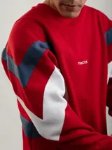 Buzo de algodón con diseño inspirado en la indumentaria deportiva uruguaya de 1995. Presenta un diseño de bloques de color con franjas diagonales en contraste, cuello redondo y bordado en el pecho. Cuenta con puños y cintura acanalados.