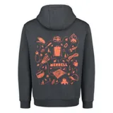 Buzo con capucha Merrell, color gris oscuro, con bolsillo frontal tipo canguro y logo de la marca estampado en color naranja en el pecho.
