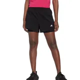 Short de running negro con calza interior incorporada y logo Adidas estampado en blanco.