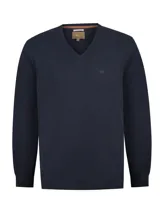Sweater azul marino de cuello en V, manga larga y diseño tejido clásico con sutil logo bordado en el pecho.