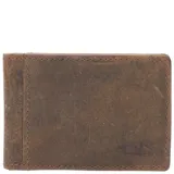 Billetera de cuero natural color marrón con acabado rústico, cuenta con clip magnético para billetes, ranuras para tarjetas y tecnología de protección RFID.