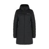 Campera larga negra marca Columbia con capucha, tecnología Omni-Heat de reflectividad térmica y costuras termoselladas Heat Seal resistentes al agua.