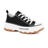 Championes de lona blanca con diseño de plataforma robusta y suela dentada de color marrón. Presenta cordones al tono y una línea negra decorativa en la entresuela.