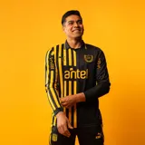 Camiseta de fútbol Puma de manga larga, conmemorativa del aniversario del Club Atlético Peñarol. Diseño de estilo retro que combina un sector con rayas verticales en amarillo y negro, y otro sector liso en negro, con cuello polo y detalles en dorado.