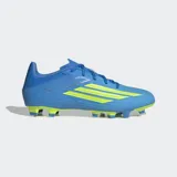 Championes de fútbol Adidas F50 Club FG/MG, color azul con las tres tiras características en amarillo y suela con tapones multitaco.