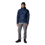 Campera impermeable Columbia modelo Evapouration II, color azul marino, con capucha ajustable, cierre frontal completo y ventilación en las axilas. Cuenta con tecnología Omni-Tech, puños ajustables y dobladillo posterior más largo para mayor protección.