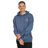 Canguro azul con capucha, cordones ajustables, bolsillo tipo canguro y logo de Volcom estampado en el pecho.