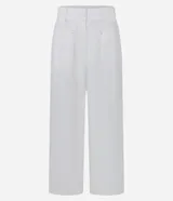 Pantalón pantacourt azul marino de viscosa, con cintura elástica, bolsillos delanteros y detalle de lazo en la cintura.