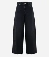Pantalón de jean estilo wide leg con cintura media, cierre frontal con botón y cremallera, bolsillos funcionales y diseño de pierna amplia con recorte transversal.