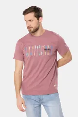 Remera de manga corta color gris, con cuello redondo y estampado frontal multicolor con diseño de remos y tipografía de la marca.