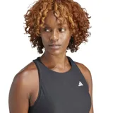 Musculosa deportiva Adidas Own The Run, color gris oscuro, con cuello redondo y sisas amplias. Presenta el logo de Adidas en blanco en el pecho y una banda en el cuello con texto repetido "RUNNING".