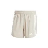 Shorts deportivos Adidas Own The Run 3 Tiras color beige con cintura elástica con inscripción "Running" y tres tiras blancas en los laterales.