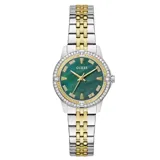 Reloj analógico Guess modelo Colette con caja de 32 mm, esfera de nácar verde y bisel decorado con cristales. Presenta una correa de acero inoxidable en tono bicolor dorado y plateado.