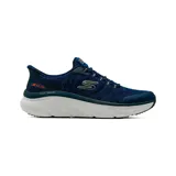 Championes deportivos Skechers Slip-ins Relaxed Fit modelo D'Lux Walker, color azul marino con suela blanca y amortiguación alta.
