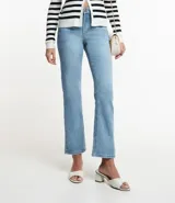 Pantalón de jean celeste, de corte recto cropped, con trabillas en la cintura, bolsillos y cierre por botón y cremallera.