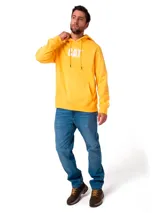 Buzo con capucha y bolsillo tipo canguro, color amarillo vibrante con logo de la marca Caterpillar bordado en blanco en el pecho. Presenta puños y bajo acanalados.