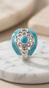 Anillo de plata 925 con diseño calado en forma de flor central y corazones, con incrustaciones de pasta de turquesa.