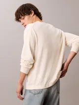 Sweater Calvin Klein de corte relajado y color blanco, con cuello redondo, mangas largas y puños de canalé. Presenta un diseño gráfico de monograma CK en color block con bloques en verde, rosado y azul, acompañado del logotipo de la marca estampado en el pecho.
