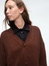 Cardigan de punto con hilo brillante, cuello en V y cierre frontal con botones. Presenta mangas largas con puños acanalados y un diseño de calce holgado.