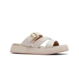 Sandalias de cuero color topo con plataforma y tiras cruzadas.