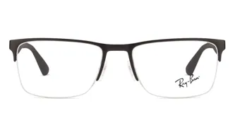 Armazón para lentes Ray Ban modelo 6335, color negro mate con borde inferior plateado. Diseño rectangular con frente de metal y varillas de acetato.