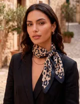 Pañuelo cuadrado de satén con estampado animal print en tonos beige y negro, con borde oscuro. Accesorio versátil de acabado suave y brillante.