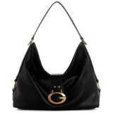 Cartera tipo hobo de Guess en color negro, confeccionada en material sintético con textura granulada. Cuenta con una manija superior para llevar al hombro, herrajes metálicos en tono dorado y una gran hebilla frontal decorativa con la letra "G" característica de la marca.