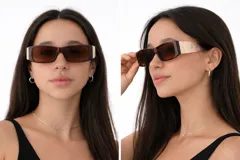 Lentes de sol rectangulares con armazón de carey marrón y patillas anchas de metal dorado con diseño grabado.