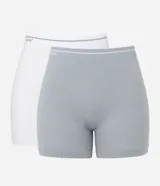 Kit de dos bombachas boyshort sin costura, una gris y una blanca, confeccionadas en microfibra texturizada. Tienen cintura mediana ancha y laterales amplios, ofreciendo mayor cobertura y comodidad.