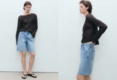 Short de jean estilo bermuda con tiro medio, diseño recto y cinco bolsillos. Presenta cierre frontal con cremallera y botón, con detalle de bajo deshilachado.